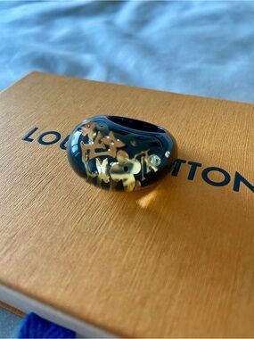 Louis Vuitton Black and Gold Domed Ring with Monogram Flower Accents